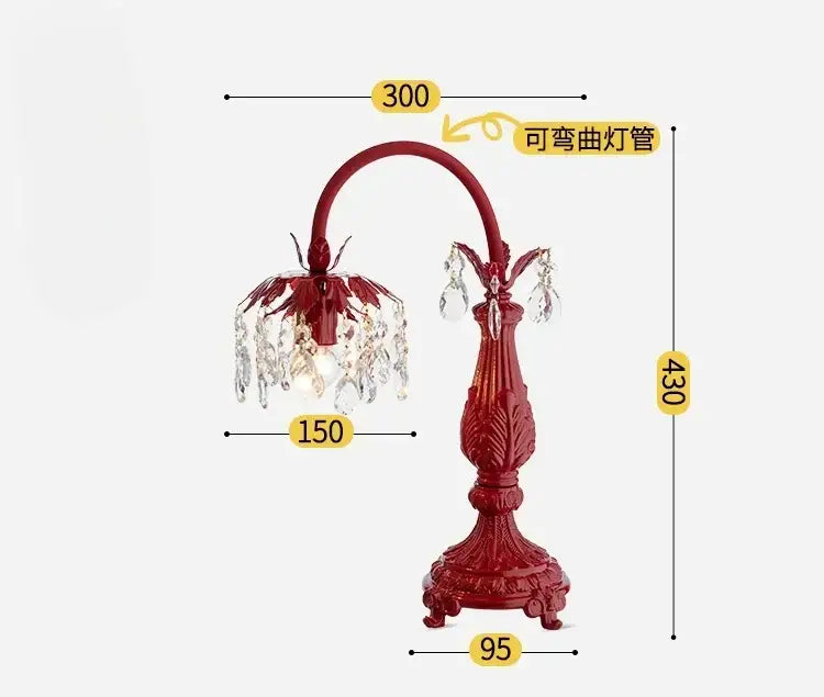 Red ornate table lamp with curved adjustable arm and crystal chandelier shade for elegant crystal wedding decorbites use