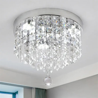 Elegant diamond crystal led ceiling chandelier with chrome base and cascading clear faceted crystals for living room