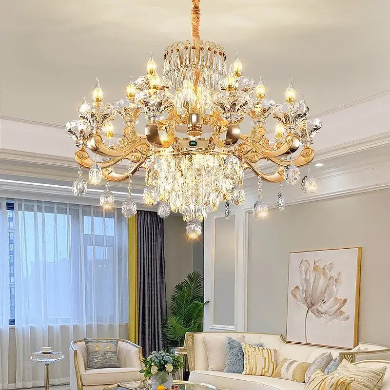 Gold-toned elegant duplex crystal chandelier with intricate crystal droplets and ornate arms for refined living room decorbites elegant duplex