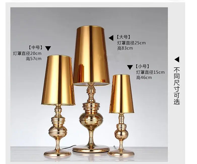 Golden metallic elegant european style bedside lamps with tiered bases and conical shades in three sizes for bedroom decor