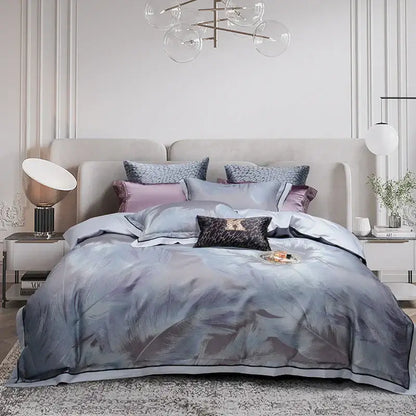 Elegant gray feather-patterned satin bedding set with subtle black trim and lavender pillows in 1500tc egyptian cotton silk
