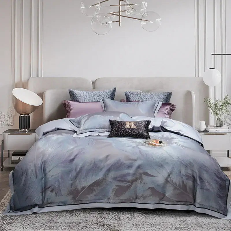 Elegant gray feather-patterned satin bedding set with subtle black trim and lavender pillows in 1500tc egyptian cotton silk