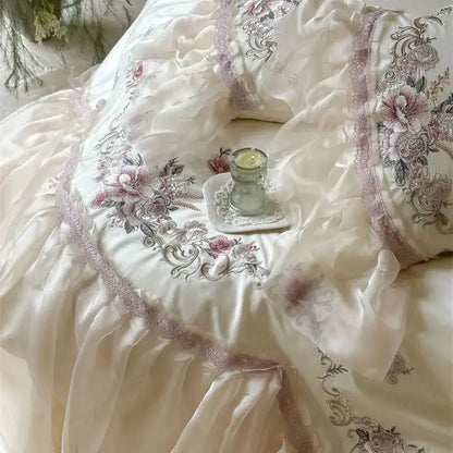 Cream cotton bedding set with decorbites elegant flowers embroidery lace trim and delicate pink and gray floral design