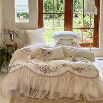 Cream cotton bedding set with elegant flowers embroidery lace and ruffled layers from decorbites elegant flowers collection