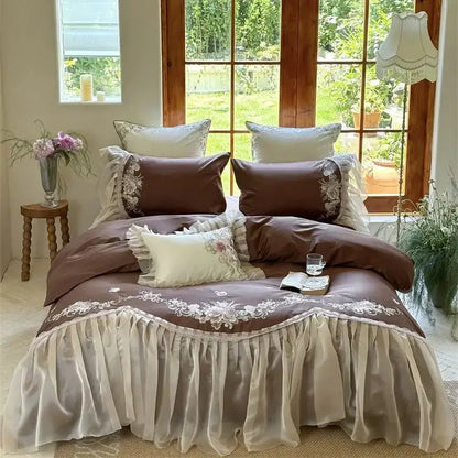 Brown satin bedding set with delicate white elegant flowers embroidery and beige ruffled skirt by decorbites elegant flowers