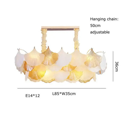 Elegant ginkgo gold led chandelier with layered translucent white and gold ginkgo leaf shades on wooden frame for decorbites
