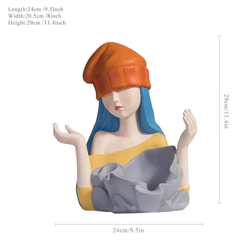 Stylized resin decorbites elegant girl sculpture with blue hair orange beanie holding gray fabric wine rack for dining decor