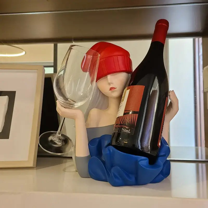 Sculpted elegant girl sculpture wine rack with long white hair red beanie and blue skirt for dining room decorbites decor