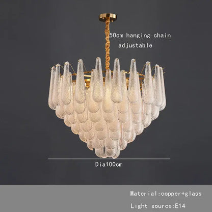 Elegant glass chandelier lighting with tiered clear textured teardrop shades and brass-finished copper frame for dining room
