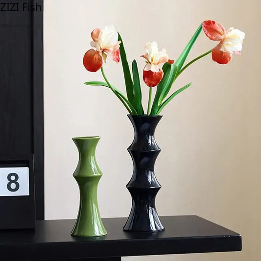 Elegant glossy black bamboo ceramic vase with sleek segmented design for living room decor by decorbites bamboo ceramic