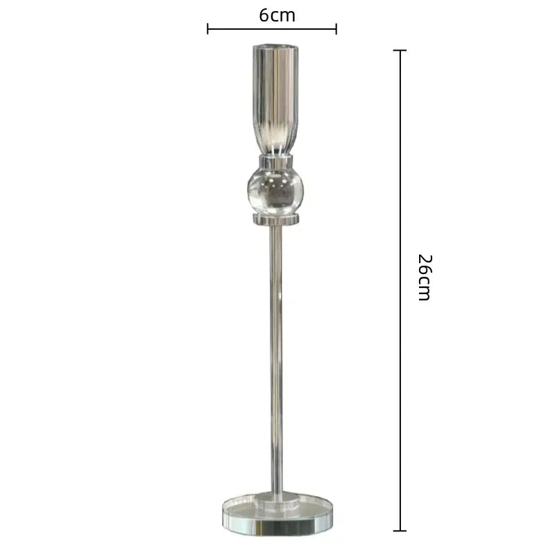 A sleek 26cm tall silver crystal glass candlestick holder with a cylindrical top and clear glass sphere decorbites design