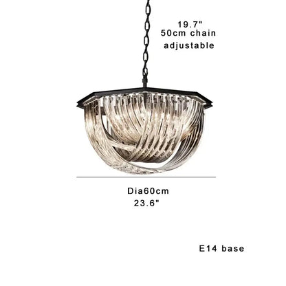 Elegant gold and glass crystal pendant lights featuring a black metal frame with cascading glass ribbons swirl design