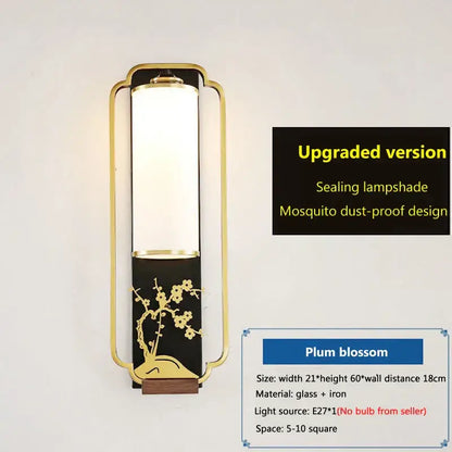 Elegant gold bamboo iron glass wall sconce with frosted lampshade and intricate plum blossom design for living room