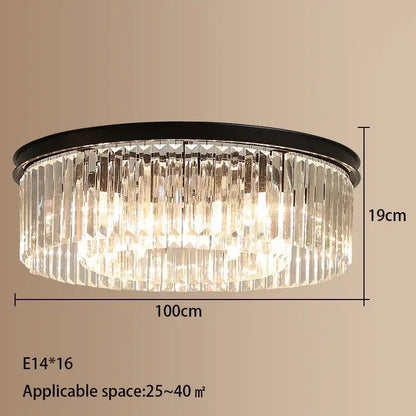 A modern crystal round ceiling chandelier with black metal frame and cascading clear prisms for elegant decorbites crystal round lighting