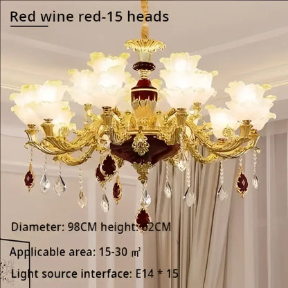 Elegant crystal chandelier by decorbites featuring gold and deep red ornate design with crystal droplets for living room decor