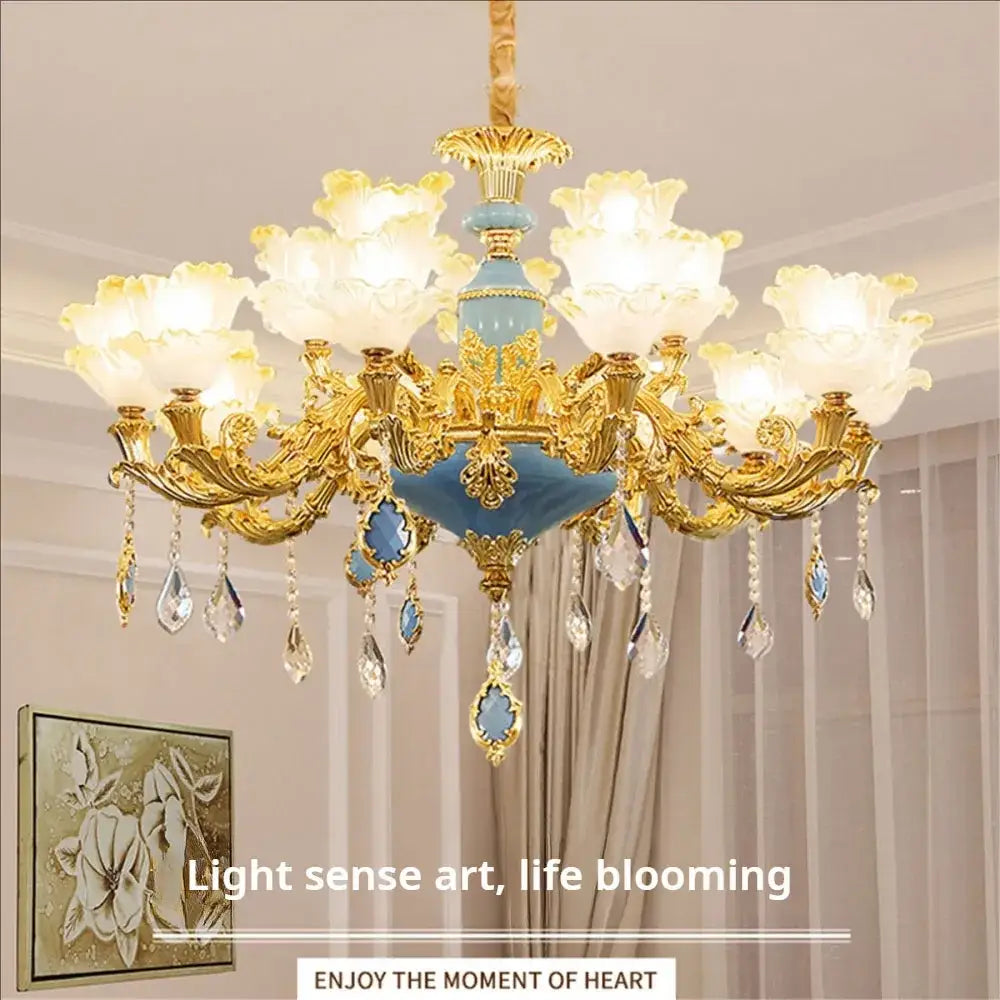 Elegant gold and blue floral chandelier with crystal droplets for living room lighting by decorbites elegant crystal