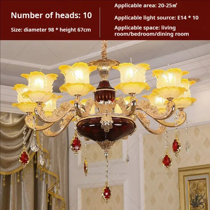 Decorbites elegant crystal chandelier with ten yellow glass flower shades red gemstones and crystal droplets for living room lighting
