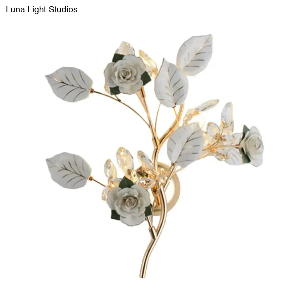 Elegant gold branch wall lamp with white porcelain roses and crystal beads direct wired electric wall sconce lighting