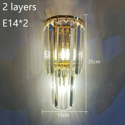 Elegant gold wall lamp featuring two tiers of faceted crystal prisms for living room decorbites crystal wall lamp