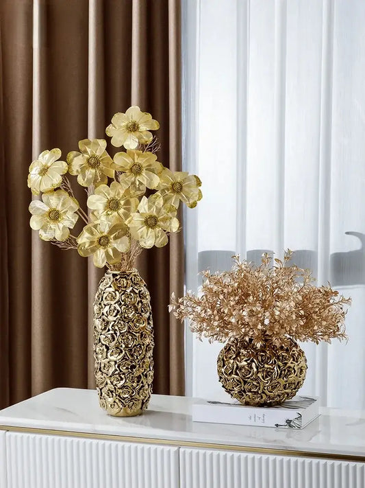 Elegant gold ceramic rose vases with golden rose patterns holding artificial gold flowers for living room decorbites centerpiece