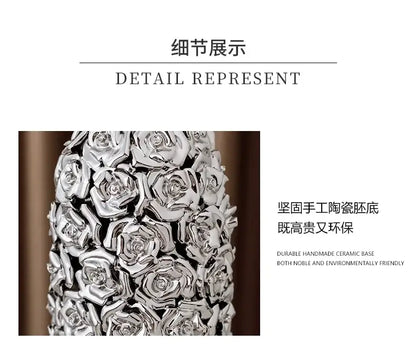Silver ceramic vase with intricate three-dimensional rose motifs for elegant gold ceramic rose decorbites centerpiece