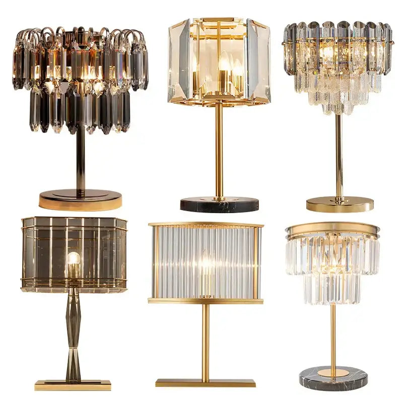 Six elegant gold-toned decorbites crystal bar table lamps with glass shades and marble bases for dining room decor