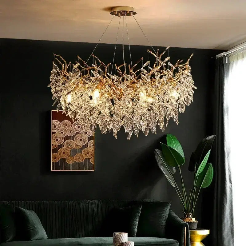 Elegant gold crystal branch chandelier with golden leaf and clear crystal accents for dining room decorbites crystal branch