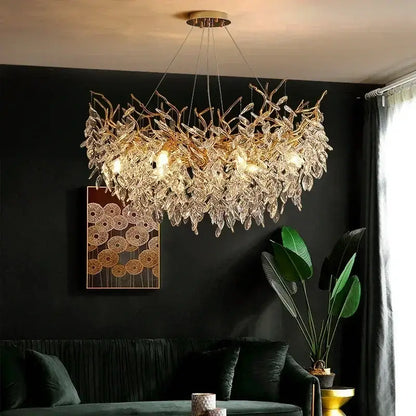 Elegant gold crystal branch chandelier with golden leaf and clear crystal accents for dining room decorbites crystal branch