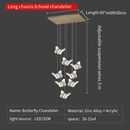 Elegant gold crystal butterfly ladder pendant lights featuring eight winged figures with led lighting and adjustable suspension wires