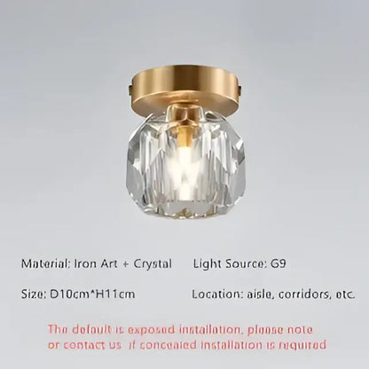 Elegant gold ceiling light fixture featuring a faceted crystal globe, ideal for hallway entrance lighting