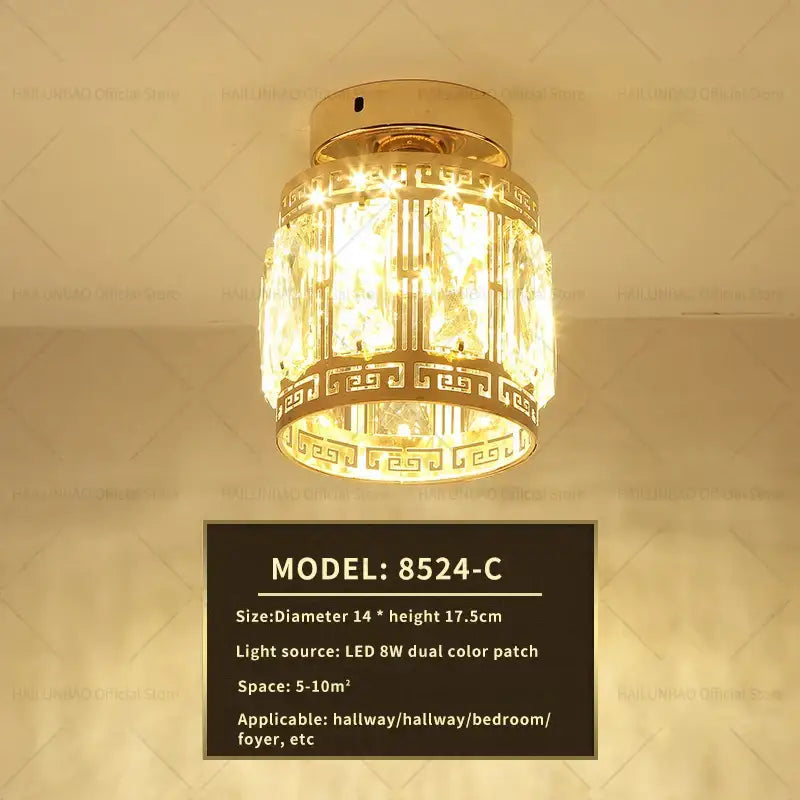 Gold-toned elegant crystal ceiling light with clear glass prisms and greek key pattern for hallway decorbites elegant crystal