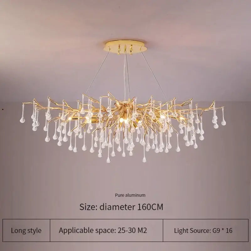Elegant gold crystal chandelier with branching tree design and clear crystal droplets for living room decorbites elegant gold