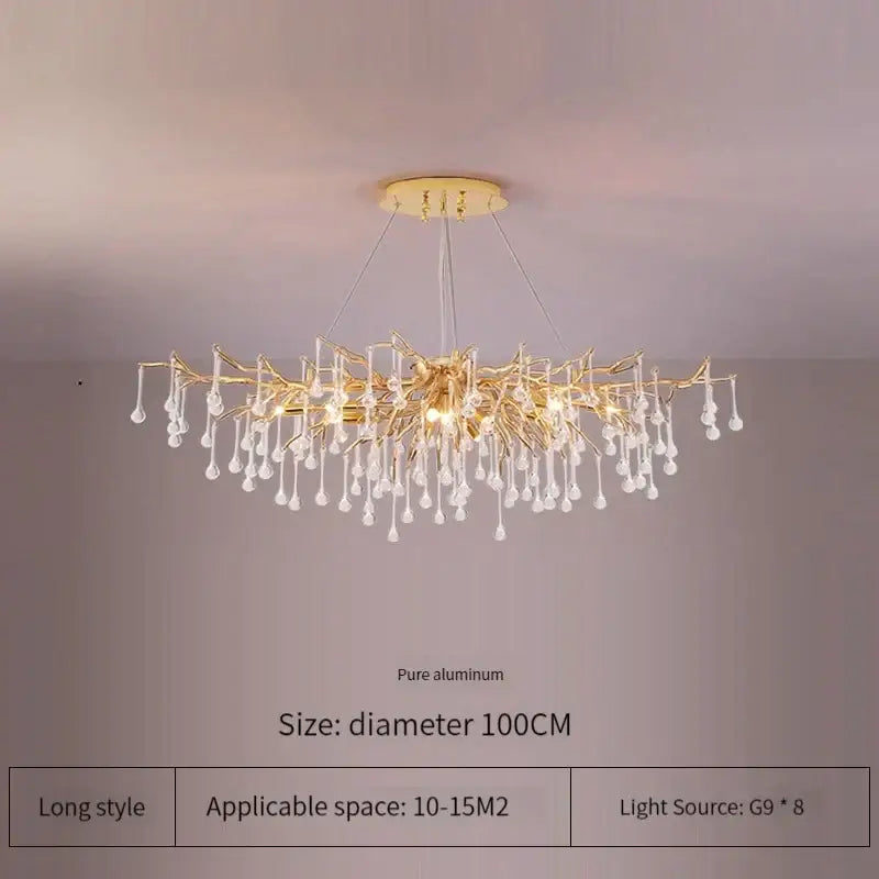 Elegant gold crystal chandelier with branching tree design and clear crystal droplets for living room decorbites elegant gold