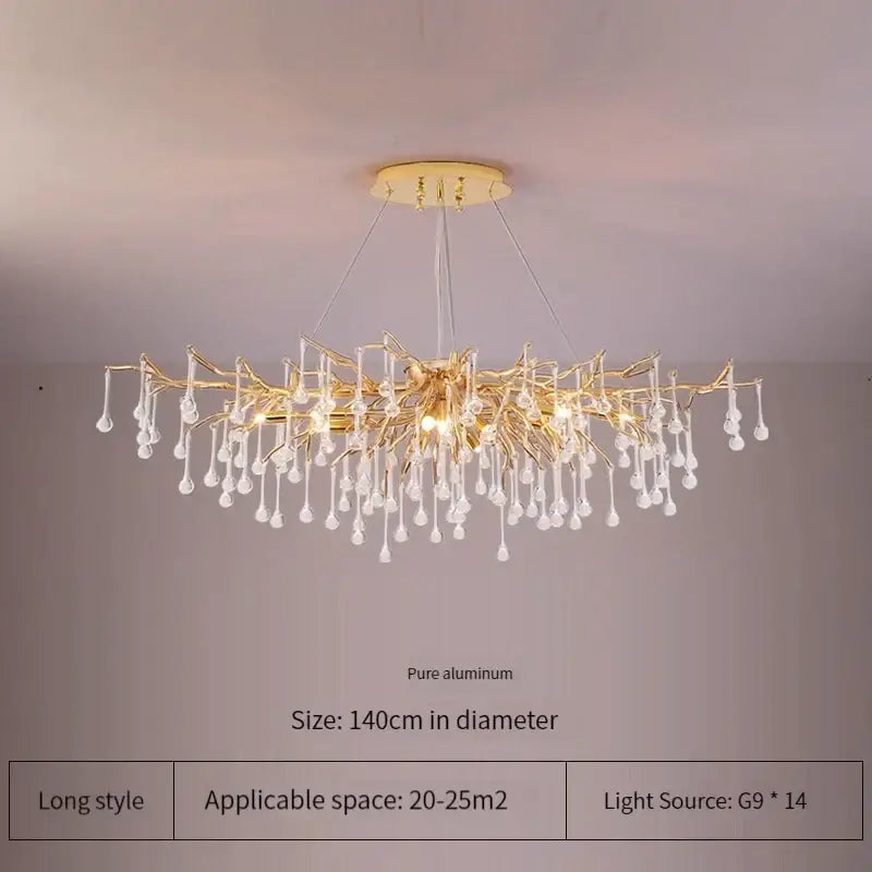 Elegant gold crystal chandelier with branching tree design and clear crystal droplets for living room decorbites elegant gold