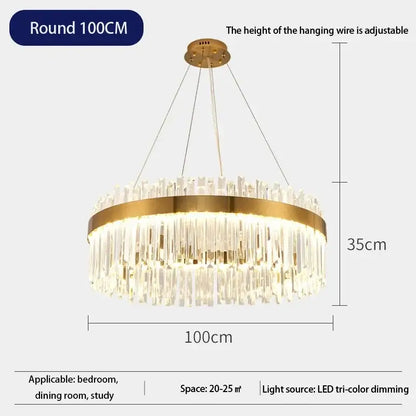 A modern elegant crystal chandelier pendant light with gold-toned metal frame and adjustable height for dining room decorbites