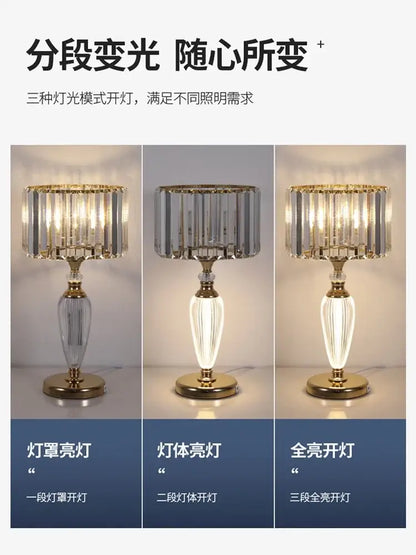 Elegant gold decorbites crystal desk lamp with cylindrical crystal shade refracting light for bedroom bedside use