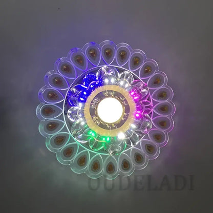 Elegant gold crystal glass led ceiling light with multi-colored peacock feather patterns for living room decorbites crystal glass