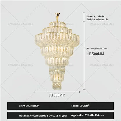 Elegant gold crystal hollow chandelier with multiple tiers of clear k9 crystal for living room lighting