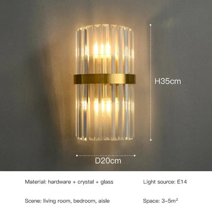 A modern elegant gold crystal led wall lamp with vertical rods in metal frame emitting warm light for bedroom decorbites decor