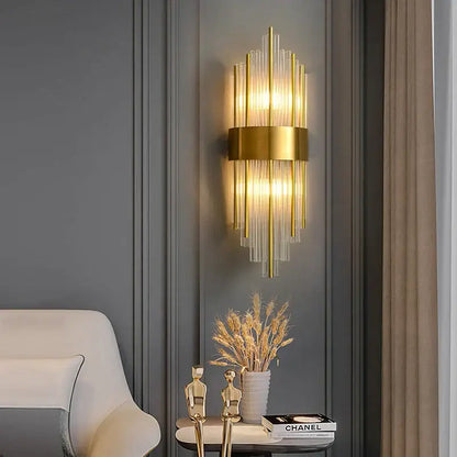 Elegant gold crystal led wall lamp with vertical glass rods and central metallic band for bedroom decorbites wall lamps decor