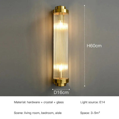 Elegant gold led wall sconce with vertical crystal and glass rods for bedroom decorbites crystal led wall lamps