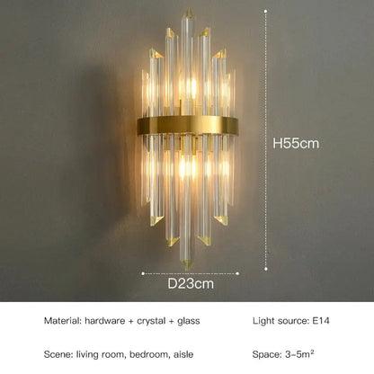 Elegant gold crystal led wall lamp with clear glass prisms cascading in chandelier style for bedroom decorbites decorbites crystal led wall lamps
