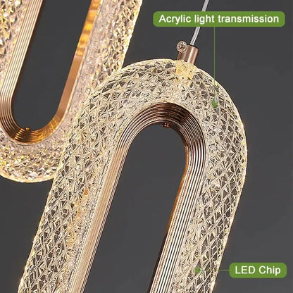 Elegant gold pendant light chandelier with u-shaped crystal mesh design and led lighting for living room use