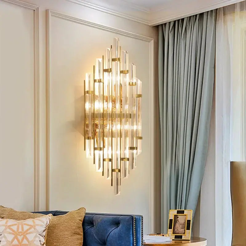 Elegant gold crystal wall lamp featuring clear glass rods and metallic accents for living room wall lamp decor