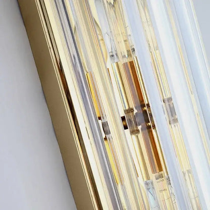 Elegant gold crystal wall lamp featuring vertical gold and clear acrylic rods with brass fittings for stylish decorbites crystal wall decor