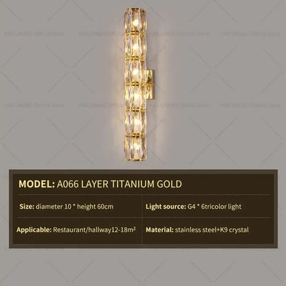 Elegant gold crystal wall lamp with stacked k9 crystal segments and brushed titanium gold finish for living room decorbites crystal wall lamp