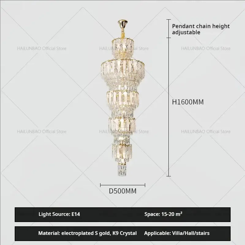 Multi-tiered duplex villa crystal chandelier with cascading crystals and electroplated gold finish for elegant villa lighting