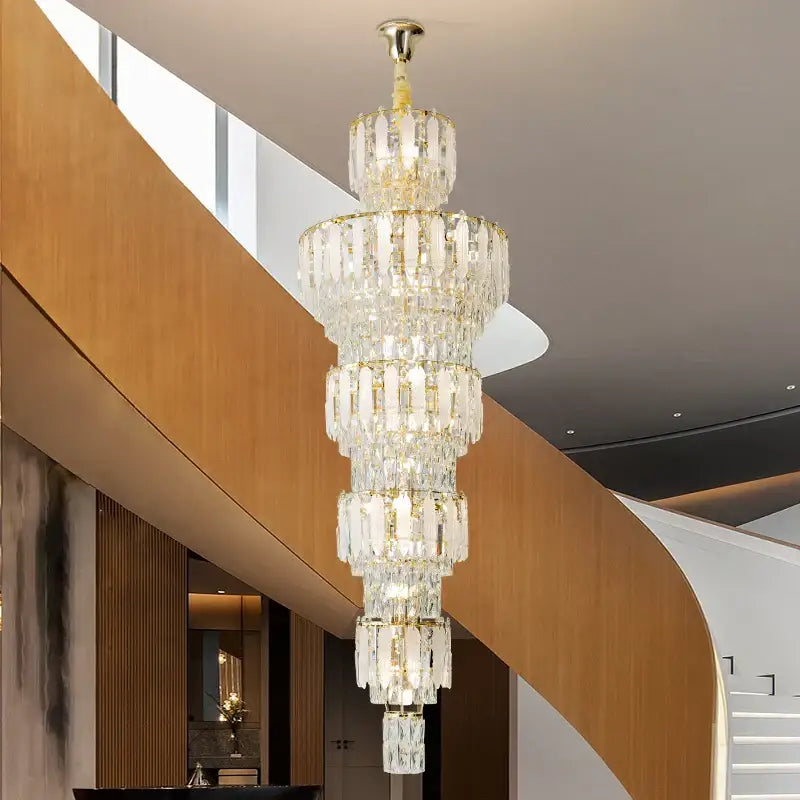 Elegant gold duplex villa crystal light chandelier with multi-tiered design and metal accents for spiral staircase