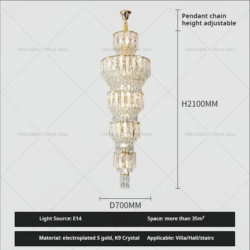 Elegant gold duplex villa crystal light chandelier with electroplated gold accents and k9 crystals for spiral staircase lighting