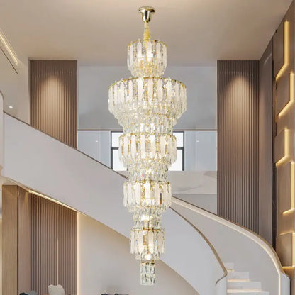 Elegant gold duplex villa crystal light chandelier with multi-tiered crystals and gold-toned metal for spiral staircase